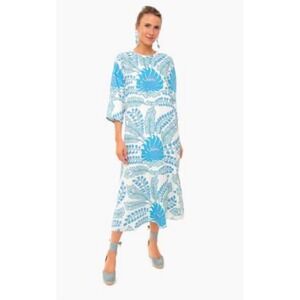 Tuckernuck Women Blue White Botanical Floral Midi Dress XS 3/4 Sleeve Shift